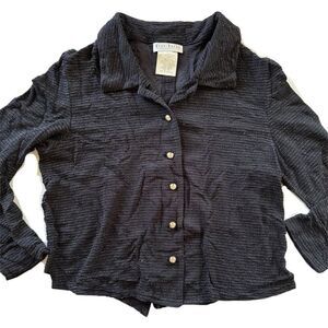 Miss Dorby women’s L black shimmer metallic striped blouse long sleeve collared